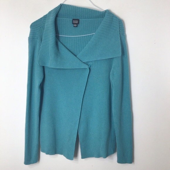 Eileen Fisher sweater women small blue cotton wide collar wrap cardigan - Picture 3 of 7